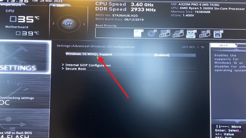click security boot option
