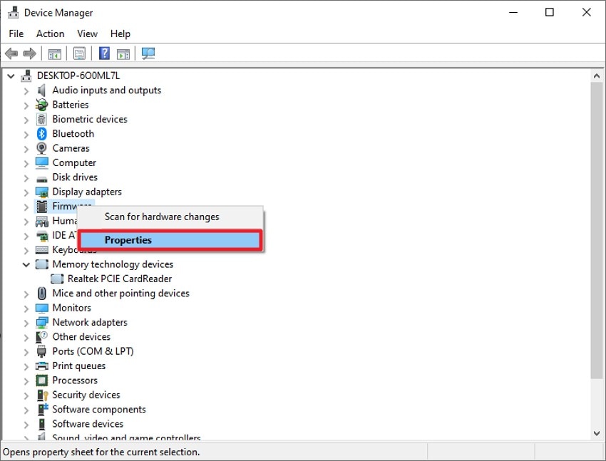 access device manager choose properties