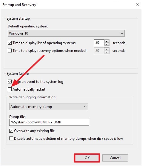 disable automatically restart press ok