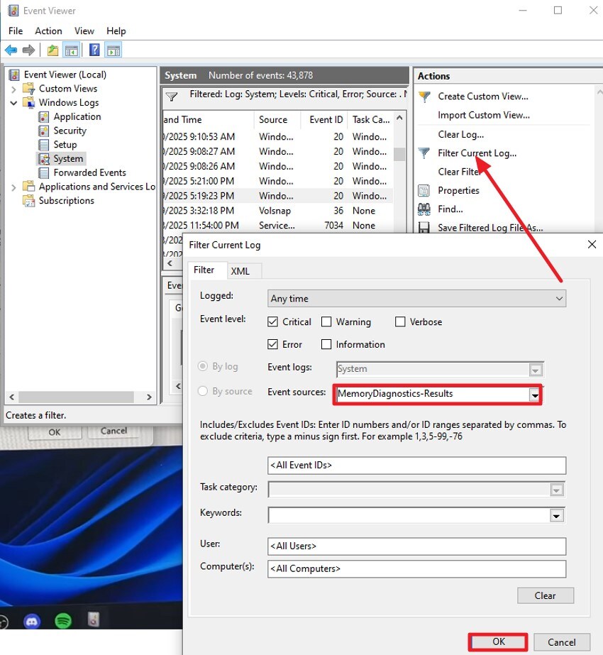 choose memory diagnostic results