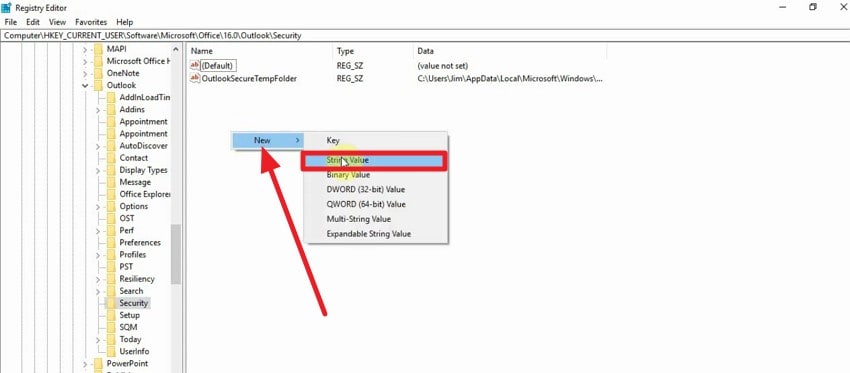 press new click string value
