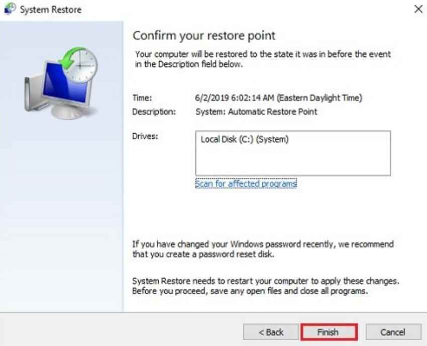 confirm windows restore point