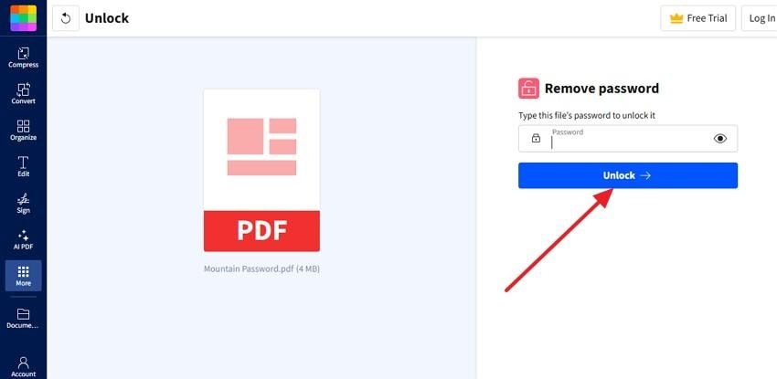 enter the pdf password in the smallpdf unlock interface