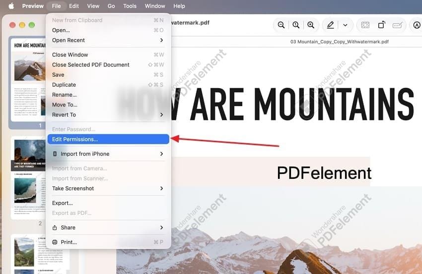 find edit permissions in the preview file menu