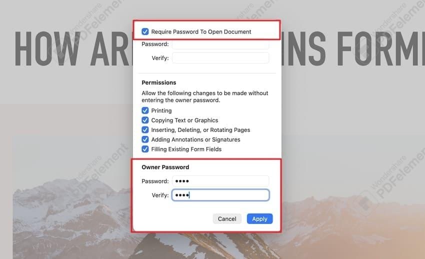review the opening password and owner permissions in preview