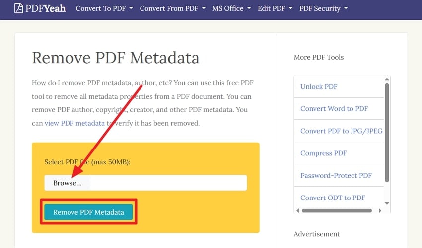 browse and remove pdf metadata
