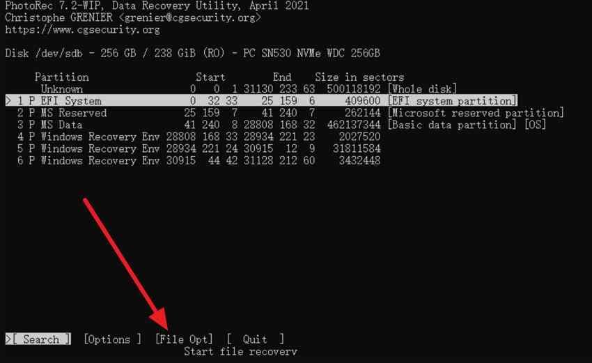 photorec file opt menu for restricting recoverable file types