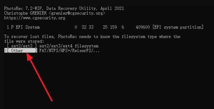 photorec other file system selection for fat exfat and ntfs storage