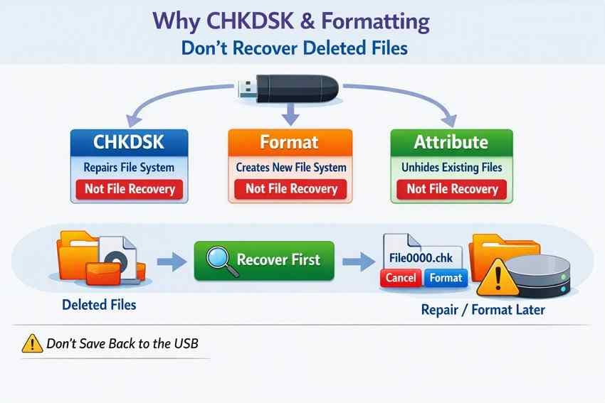 chkdsk format and attrib are not deleted file recovery methods