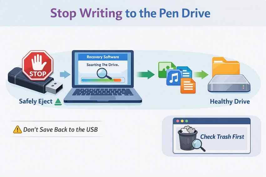 stop writing to a pen drive and save recovered files elsewhere