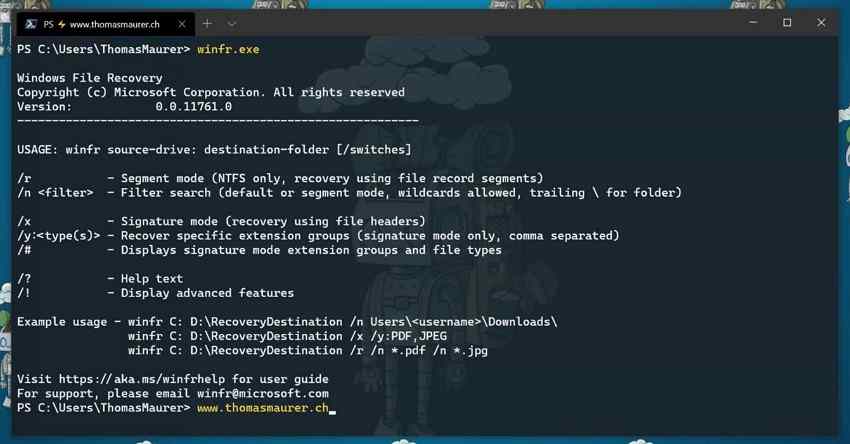 windows file recovery command line showing available recovery switches