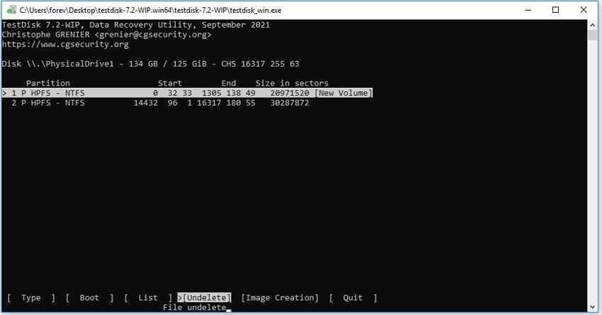 testdisk advanced file undelete interface for an accessible partition