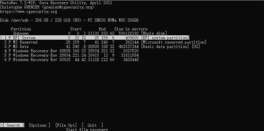 photorec text interface for selecting a usb partition to scan