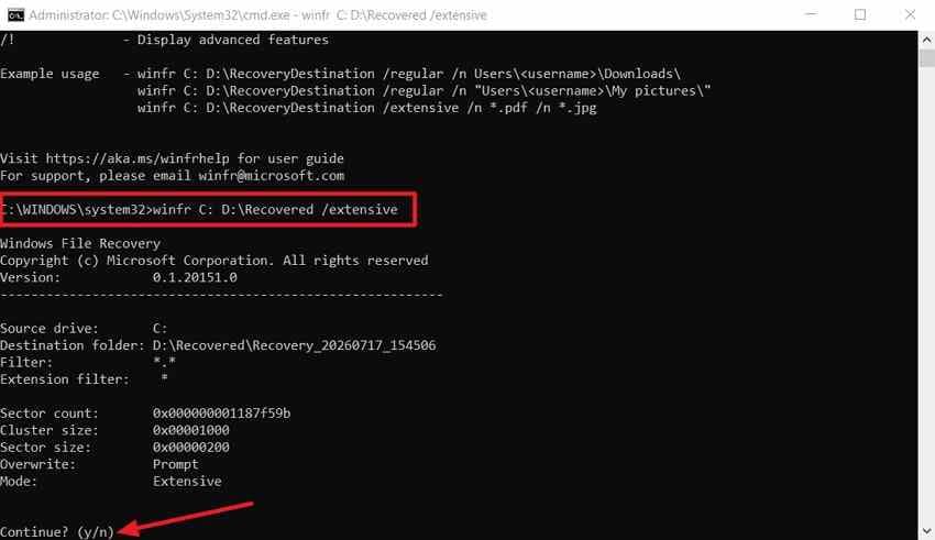 windows file recovery extensive mode command and confirmation prompt