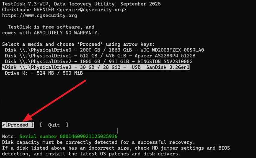 testdisk disk list with the proceed option for a selected usb drive