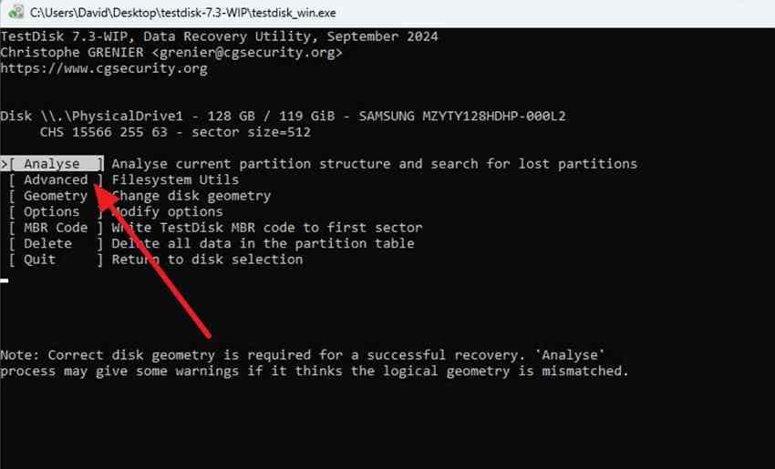 testdisk advanced menu used to access file undelete tools