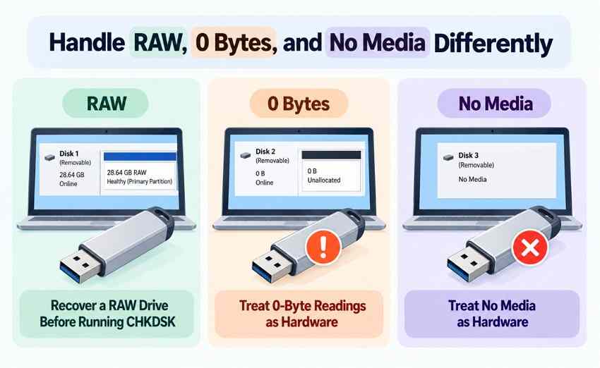 illustration distinguishing raw volumes zero capacity and no media usb states