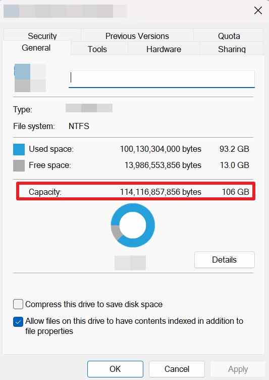 windows drive properties showing used space free space and capacity