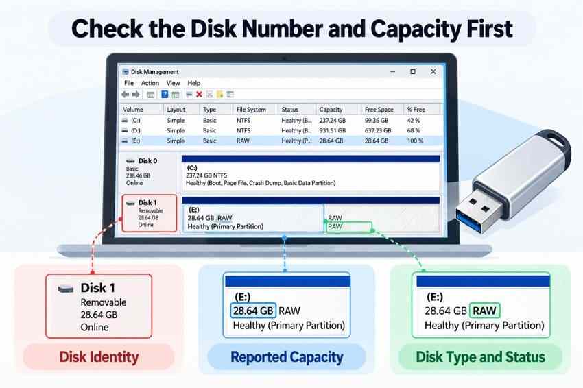 illustrated disk management identifiers capacity and raw status on a usb device