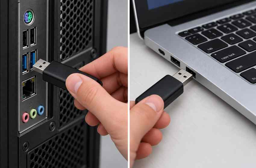 usb flash drive connected directly to a desktop port and laptop