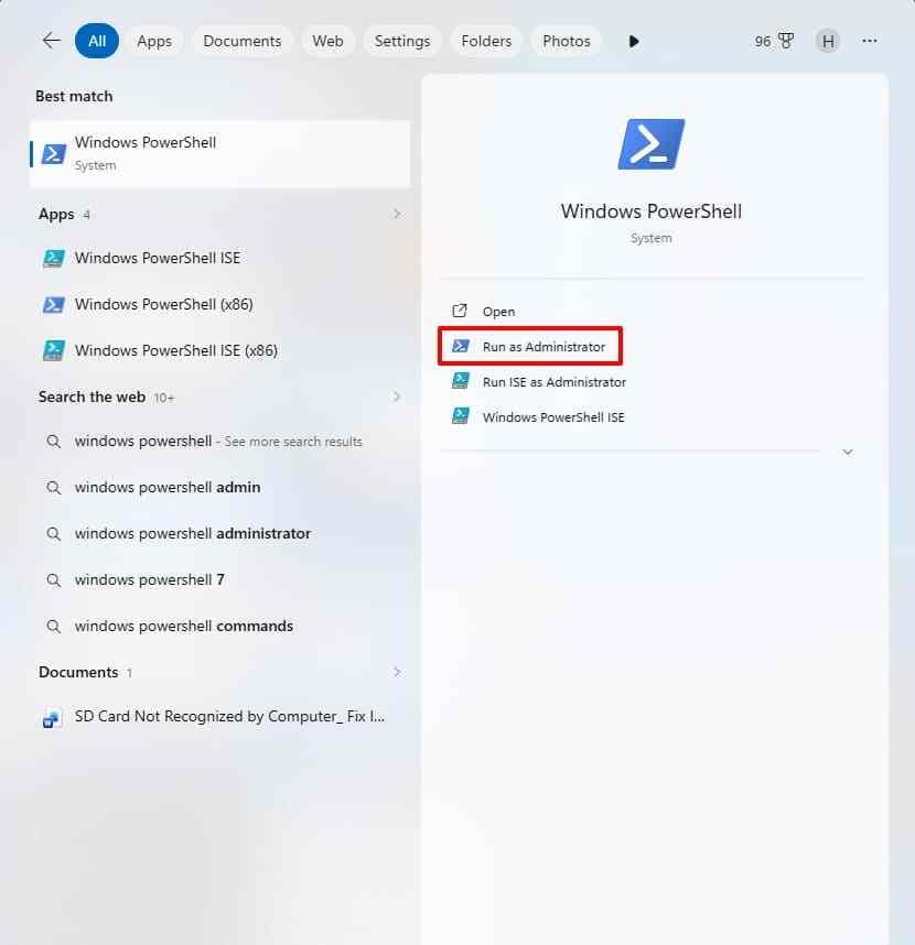 windows powershell option to run as administrator