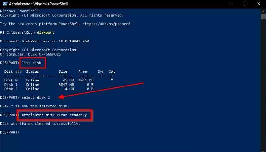 diskpart example clearing a read only attribute on a selected usb disk