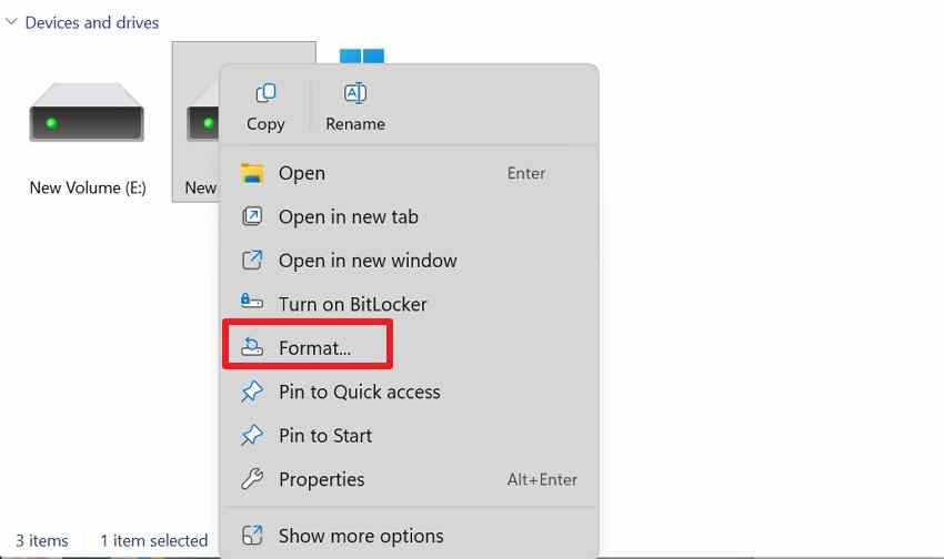 windows file explorer context menu highlighting the format command