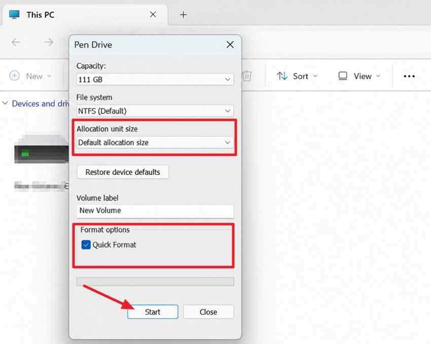 windows usb format dialog showing file system and quick format settings