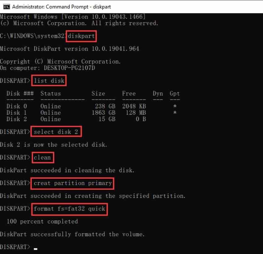 diskpart example removing a usb partition and formatting it as fat32