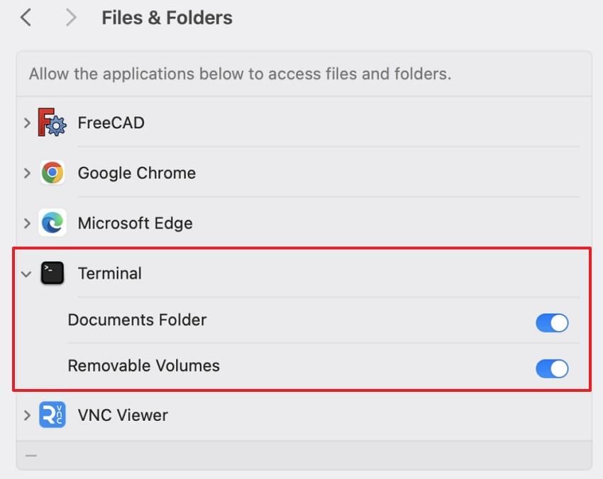 files and folders settings showing terminal access to documents and removable volumes