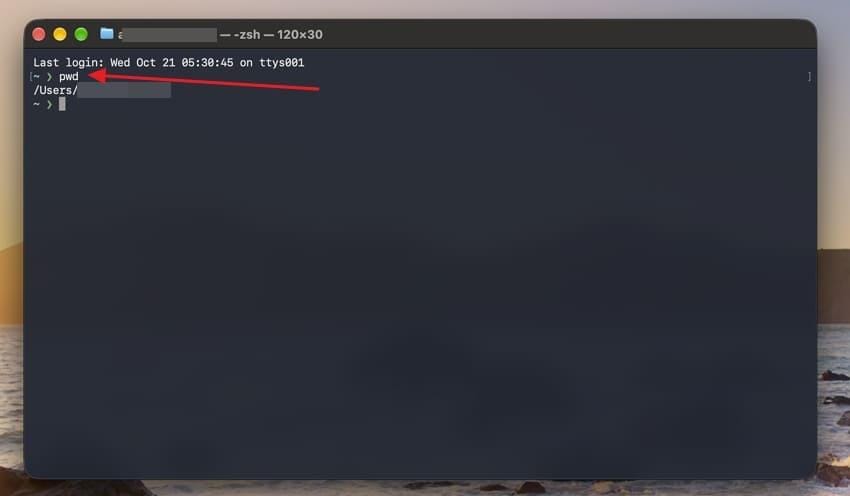 pwd command showing the current directory in mac terminal