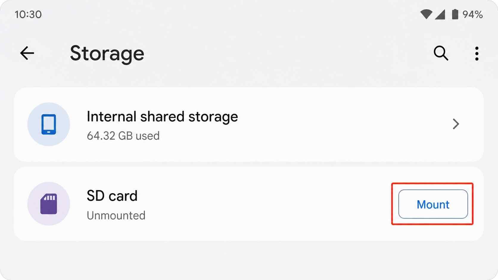 android settings storage screen showing an unmounted sd card with a mount button