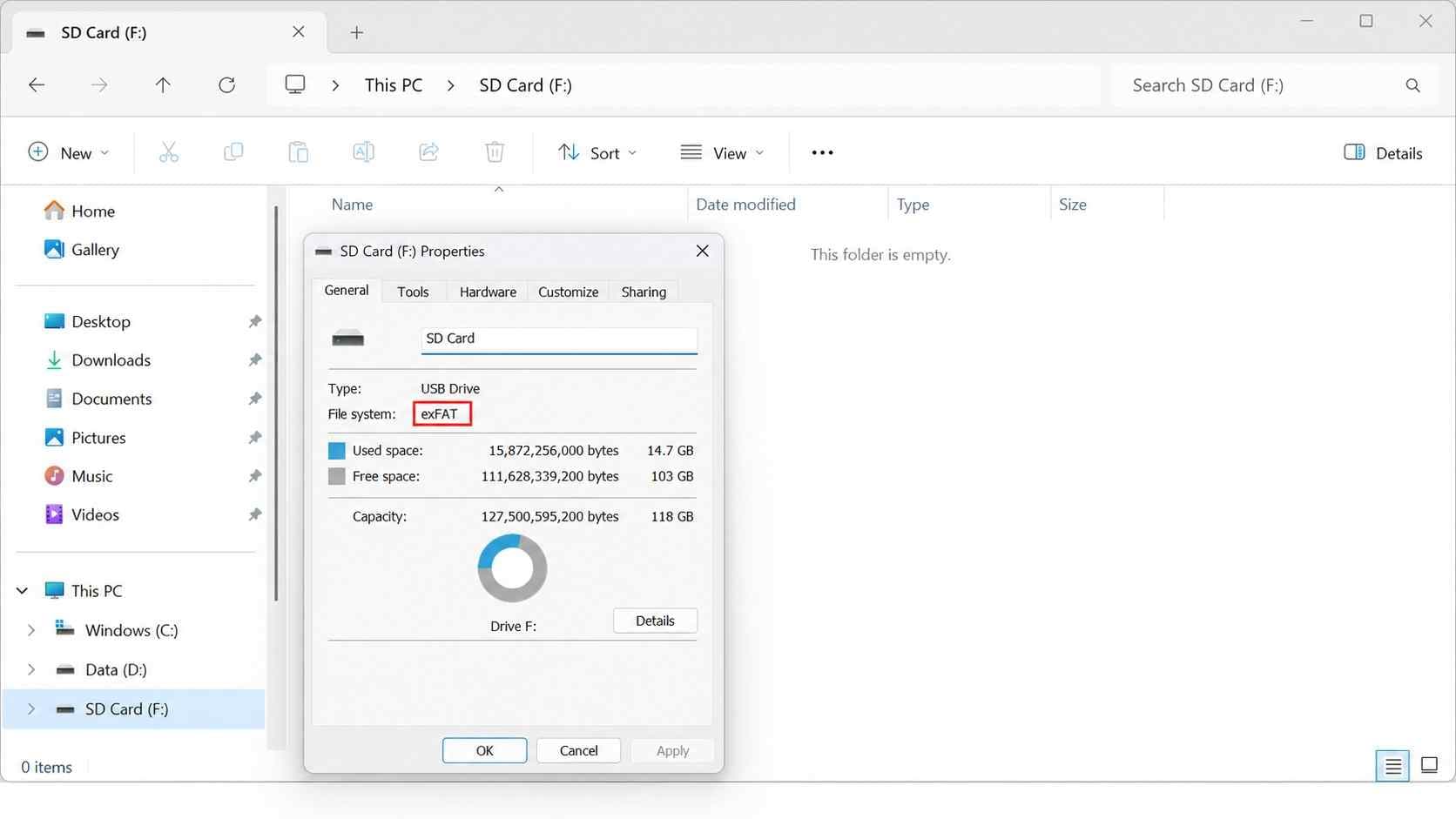 windows file explorer properties dialog for an sd card showing file system exfat