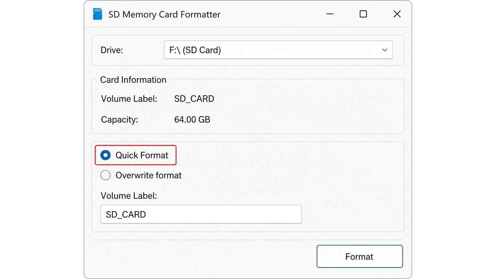 official sd memory card formatter windows dialog with quick format selected for a phone microsd card