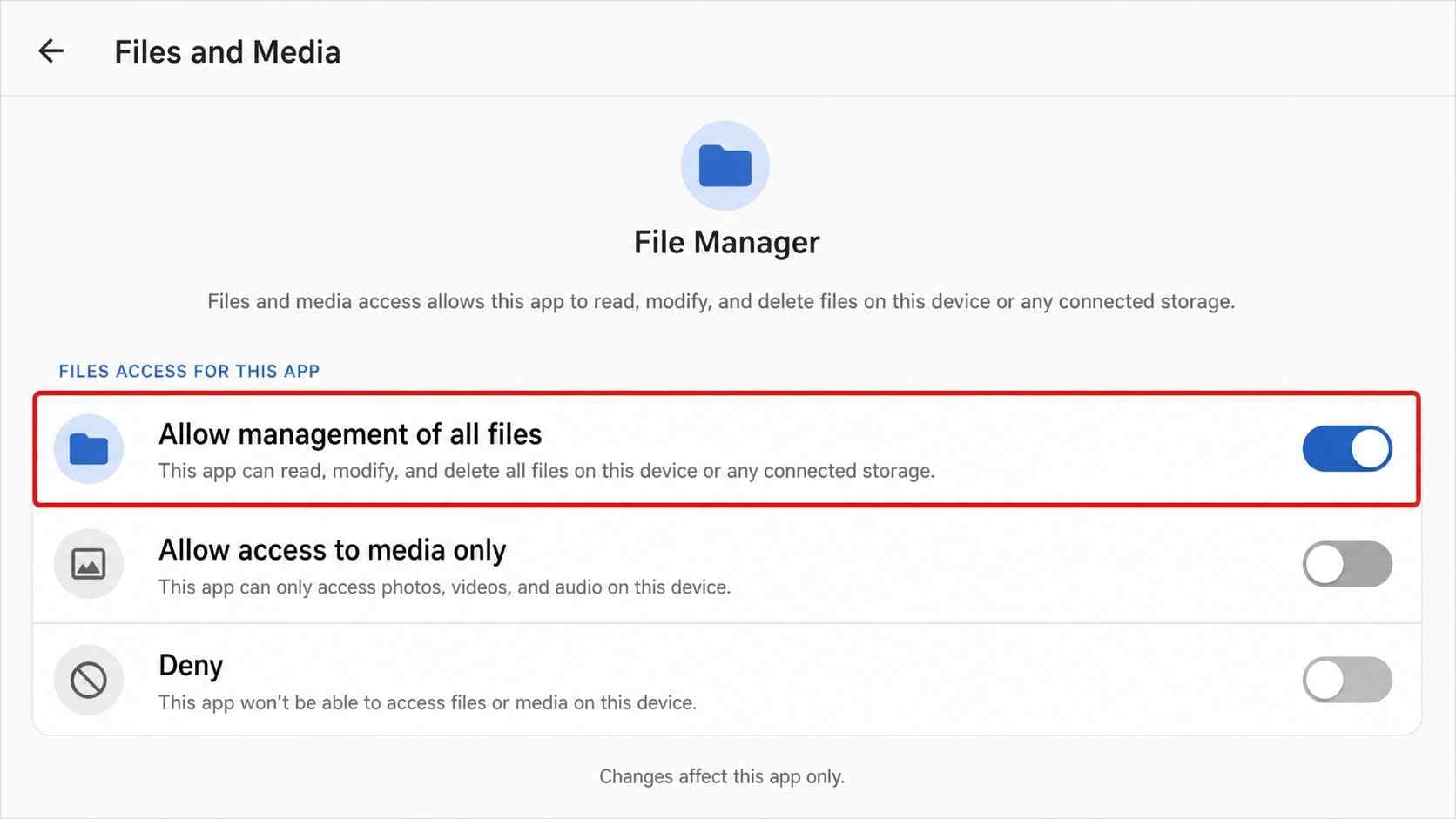 android app permission screen with allow management of all files toggled on for a file manager