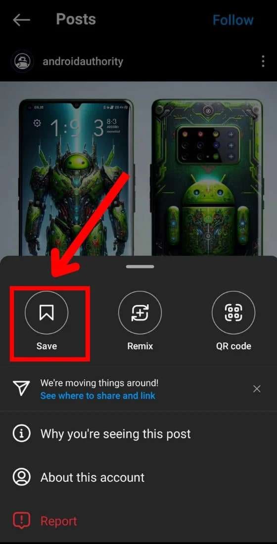 select save to download instagram photo