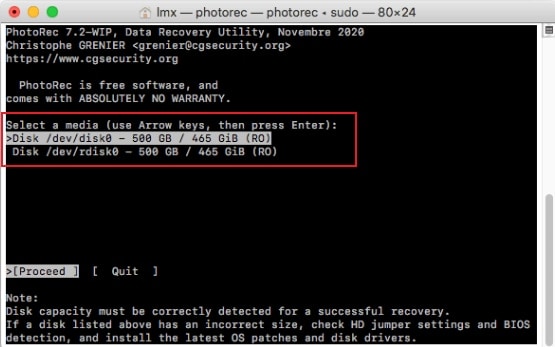 photorec main menu showing a list of detected disks including the formatted sd card