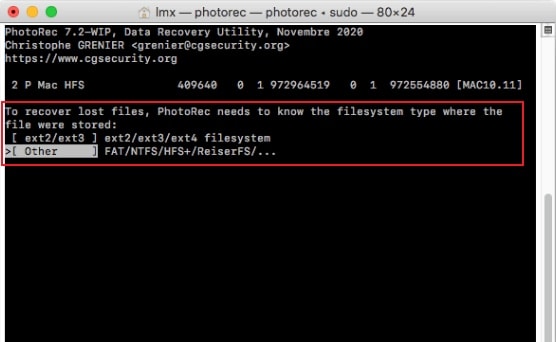 photorec file system selector screen with ext2 ext3 hfs and other options