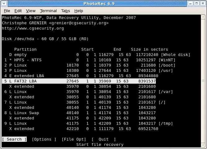 select source partition in photorec linux