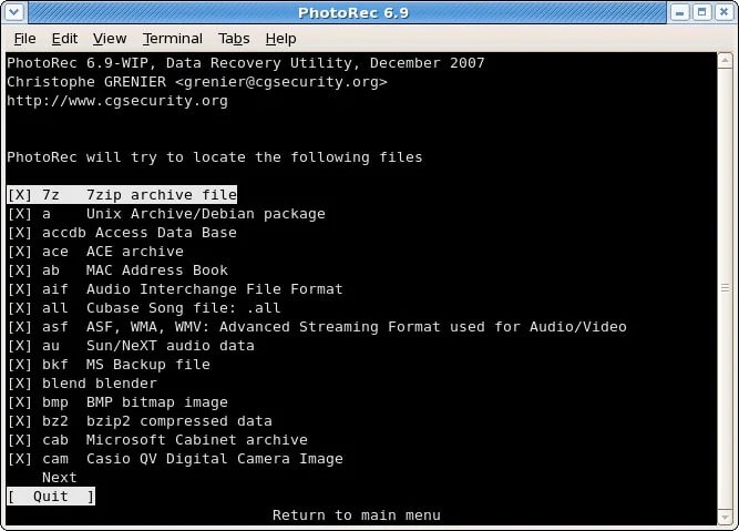 Dateitypen in photorec linux auswählen