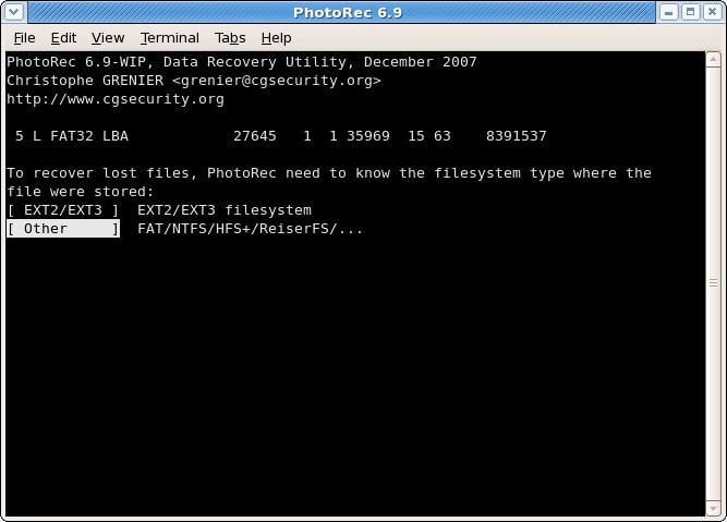 select file system types in photorec linux