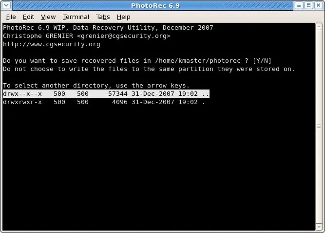 selecione o local de recuperação no photorec do linux