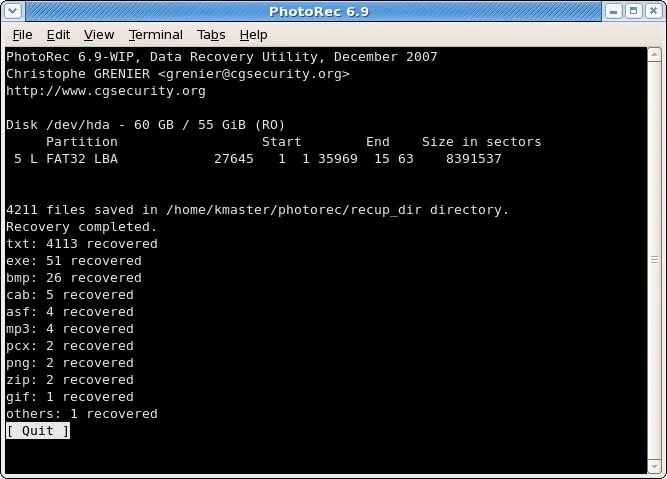 photorec completed recovery on linux