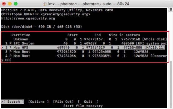 photorec partition select screen showing fat32 and exfat types for the sd card