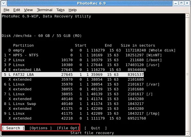 sélectionner la partition source 