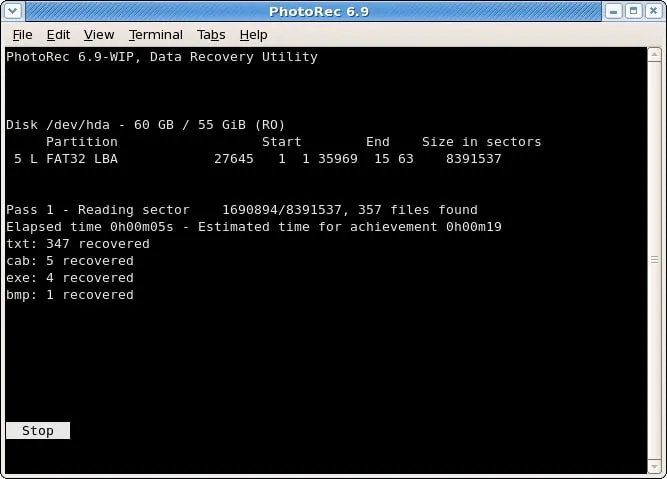 photorec recovery process for xfs