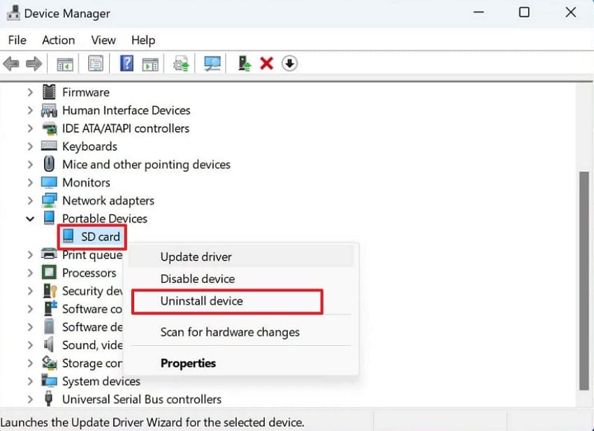 uninstall sd card driver