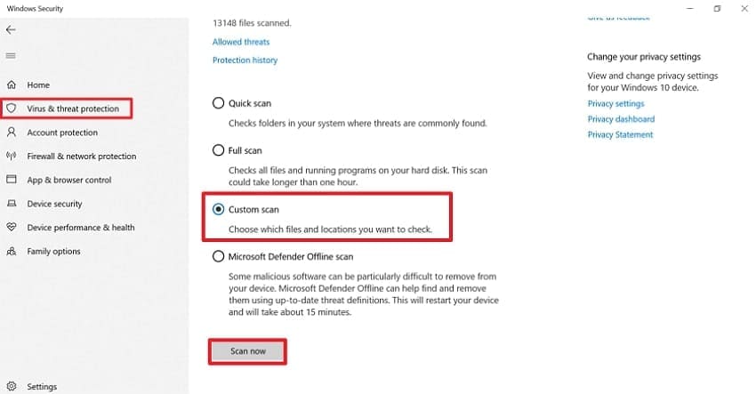 choose custom scan option