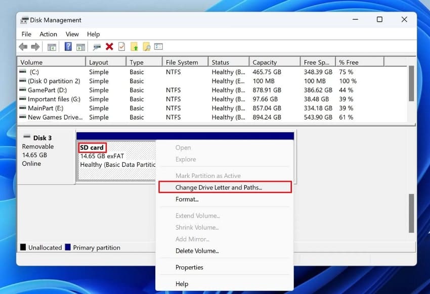 click desired sd card