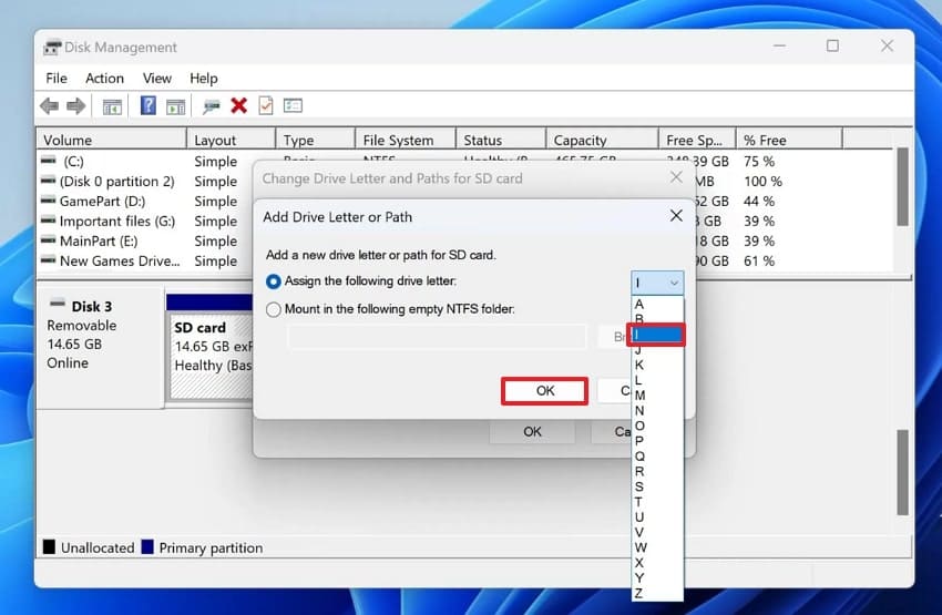 assign desired letter device manager